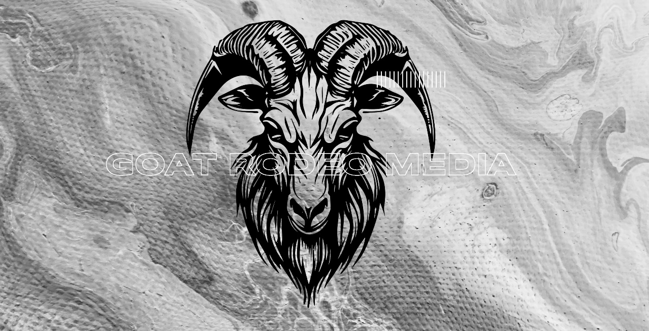 Goat Rodeo Media goat emblem over a silver marbled landscape